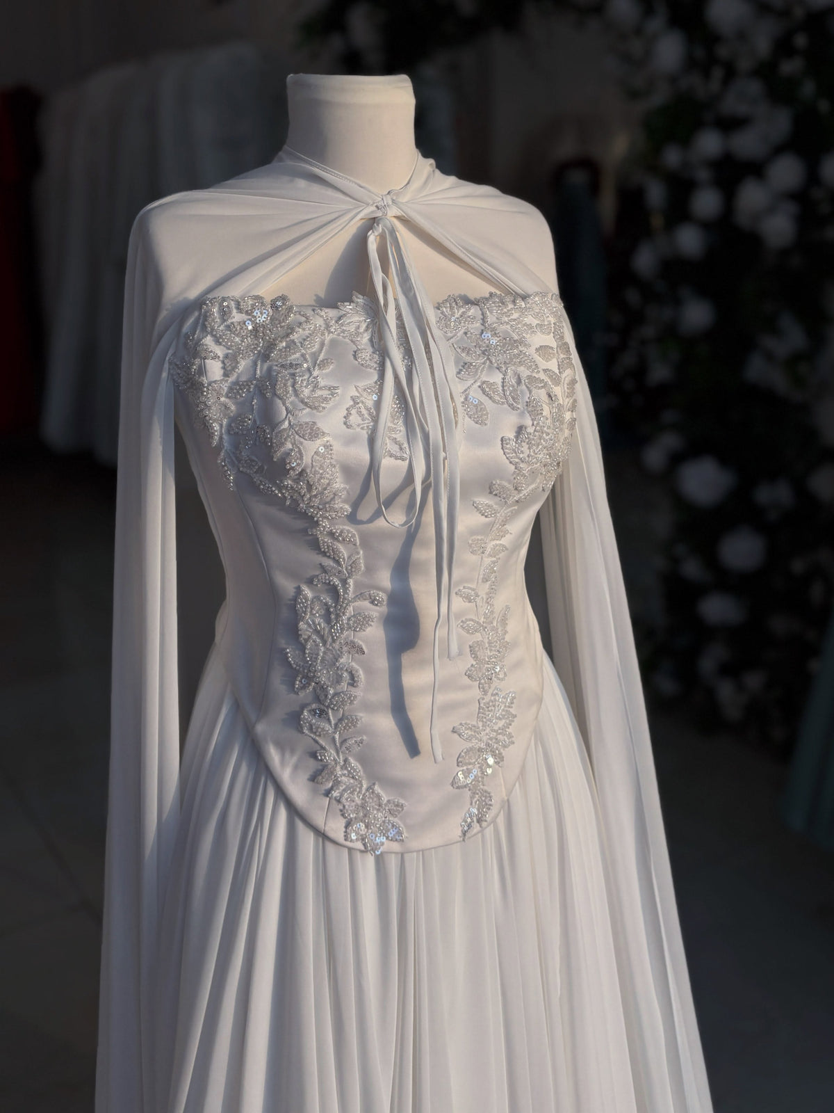 Embroidered Corset Bridal Gown with Sheer Cape