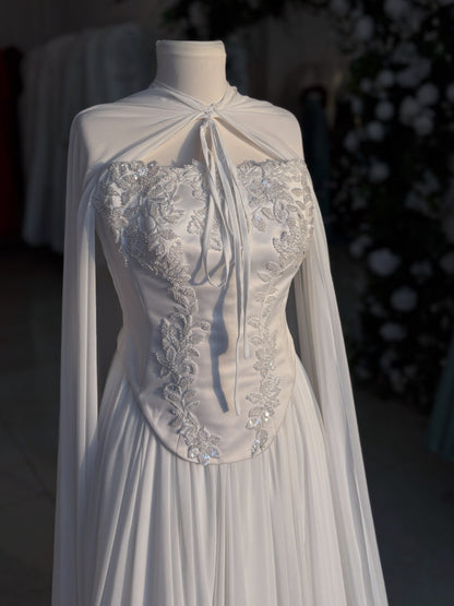 Embroidered Corset Bridal Gown with Sheer Cape