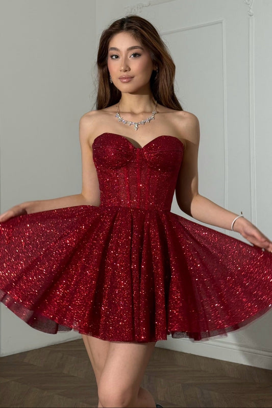 Strapless Sweetheart Glitter Corset Mini Dress