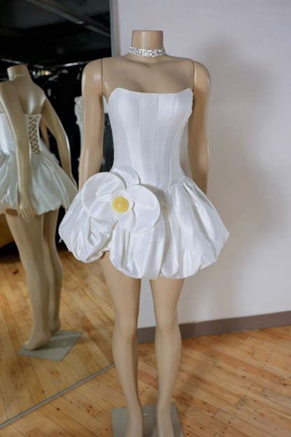 Strapless Corset Bubble Mini Dress with 3D Flower