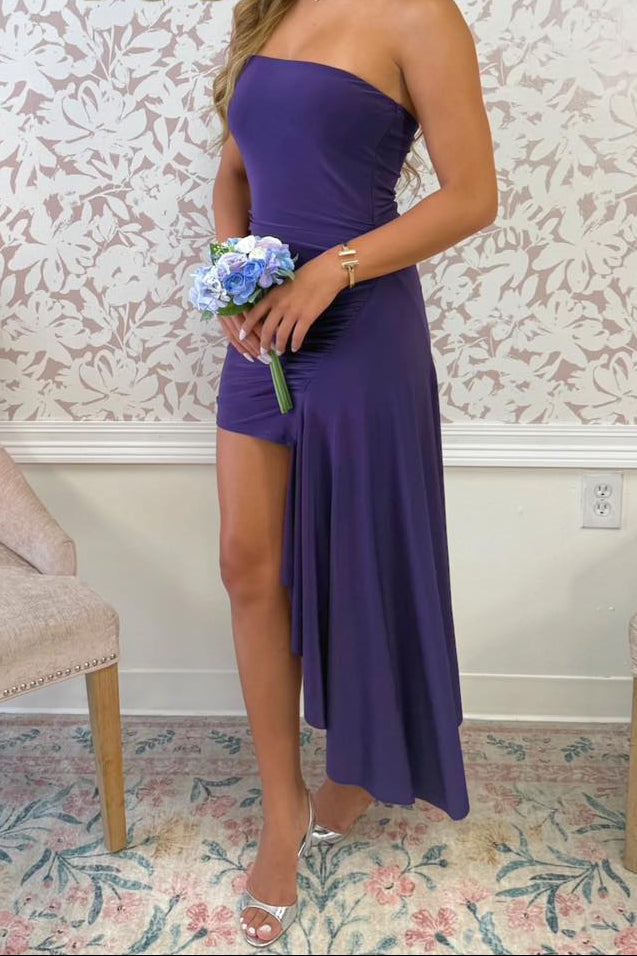Strapless Ruched Mini Dress with Asymmetrical Side Drape