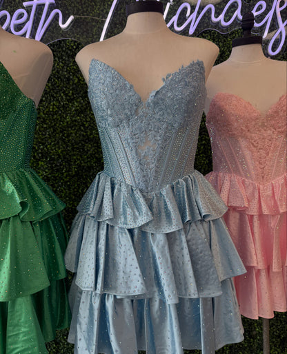 Corset Tiered Ruffle Mini Dress with Lace Bodice