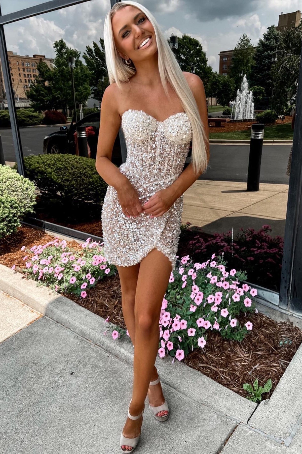 Strapless Sequin Corset Mini Dress with Tulip Hem