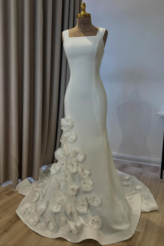 Square Neck Mermaid Wedding Dress with 3D Flowers