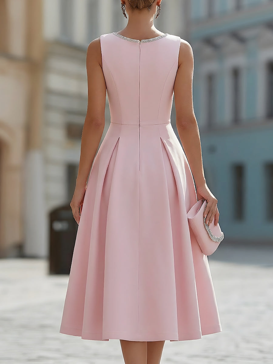 Rhinestone Neckline Pleated Midi Dress with Pockets