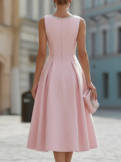 Rhinestone Neckline Pleated Midi Dress with Pockets