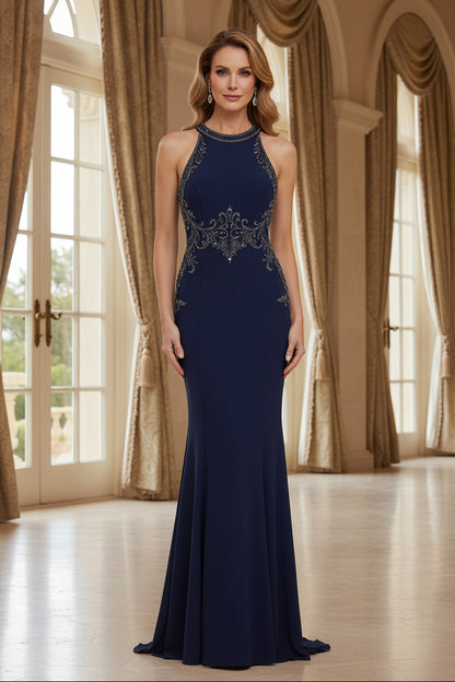 Beaded Halter Mermaid Evening Gown with V-Back