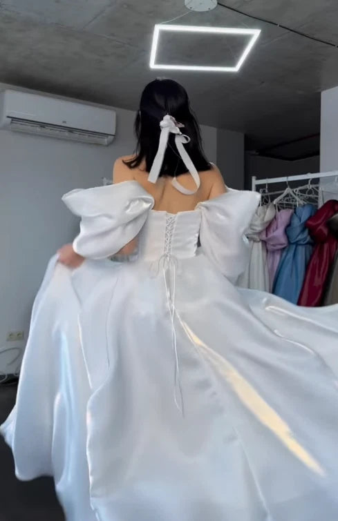 Off-the-Shoulder Satin Ball Gown Wedding Dress