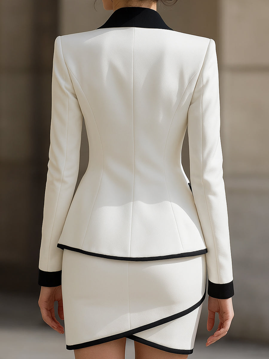 Contrast Trim Shawl Lapel Blazer and Wrap Skirt Set