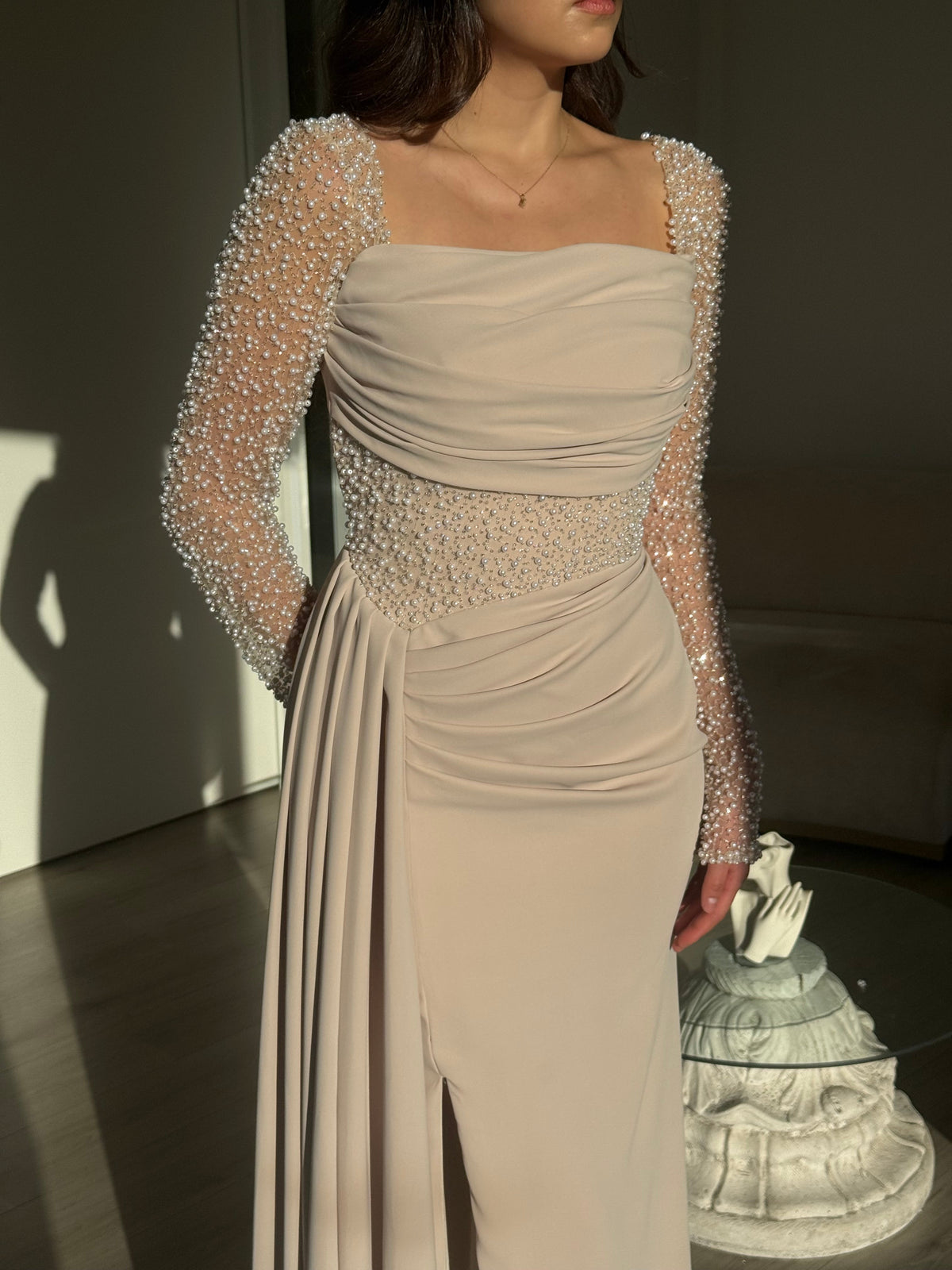 Square Neck Beaded Sleeve Gown with Side Drape