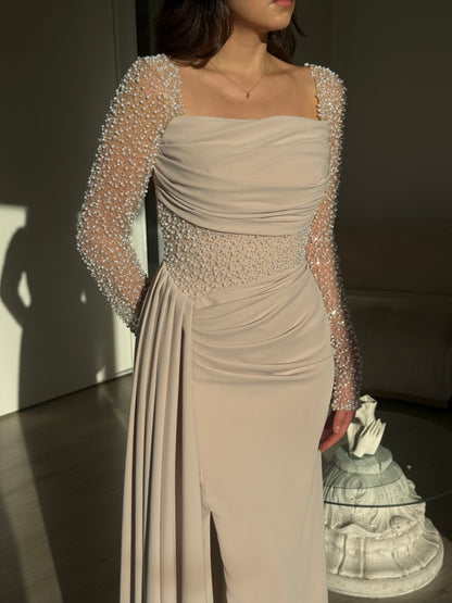 Square Neck Beaded Sleeve Gown with Side Drape
