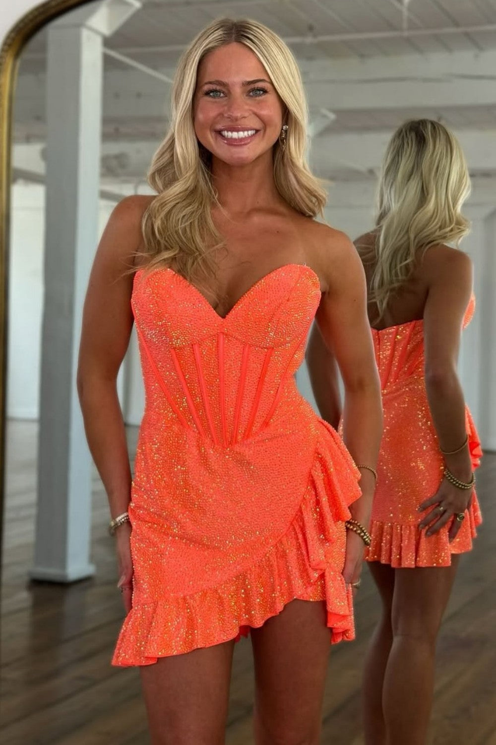 Strapless Corset Shimmer Mini Dress with Ruffles