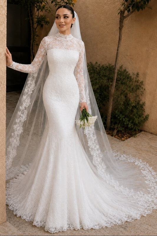 Illusion High Neck Long Sleeve Mermaid Bridal Gown