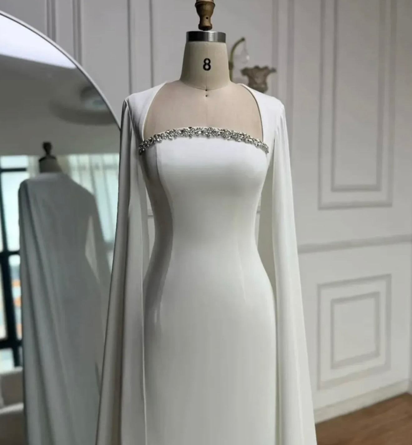 Minimalist Crepe Sheath Gown with Watteau Cape