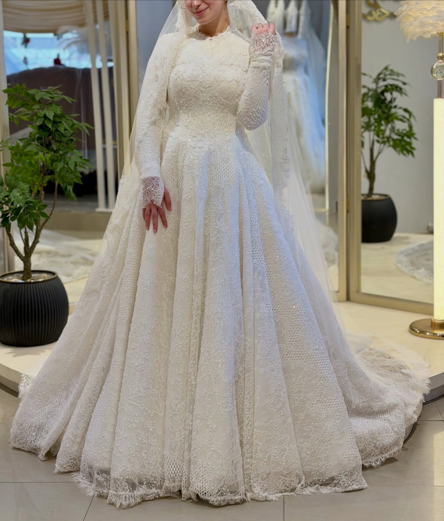 High Neck Long Sleeve Lace Ball Gown Wedding Dress