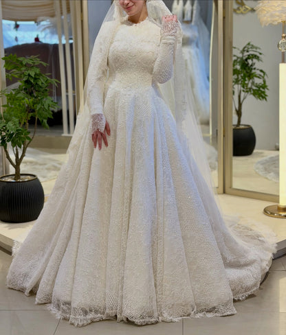 High Neck Long Sleeve Lace Ball Gown Wedding Dress