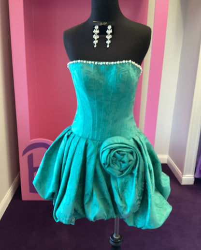 Strapless Jacquard Bubble Dress with 3D Flower