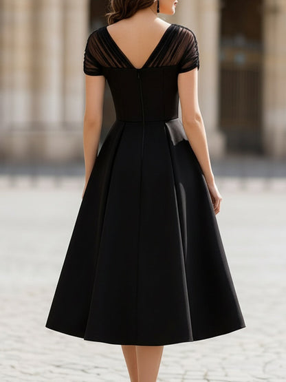 Pleated Midi Dress with Sheer Ruched Shoulders