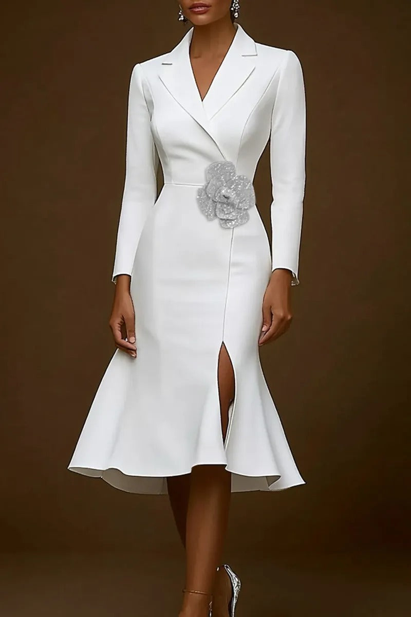 Lapel Neck Midi Dress with Slit and 3D Flower