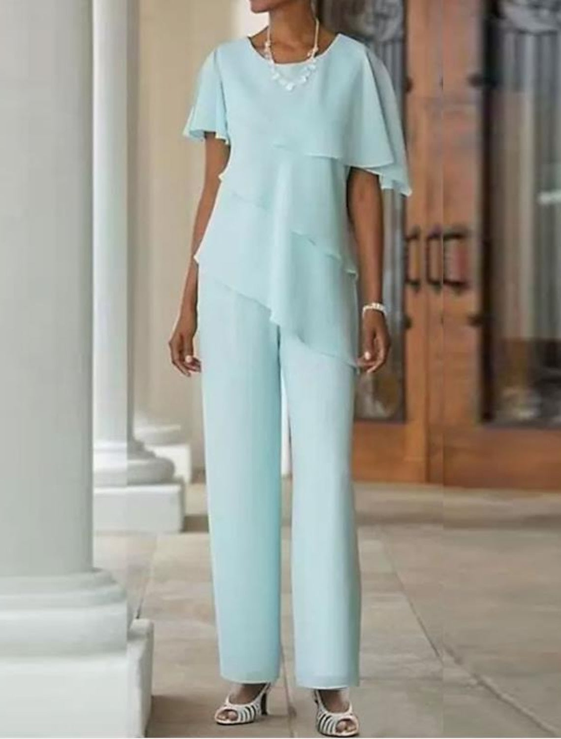 Asymmetrical Tiered Chiffon Pantsuit with Flutter Sleeves