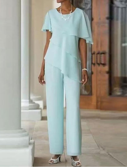 Asymmetrical Tiered Chiffon Pantsuit with Flutter Sleeves