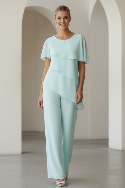 Asymmetrical Tiered Chiffon Pantsuit with Flutter Sleeves