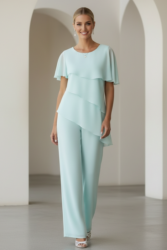 Asymmetrical Tiered Chiffon Pantsuit with Flutter Sleeves
