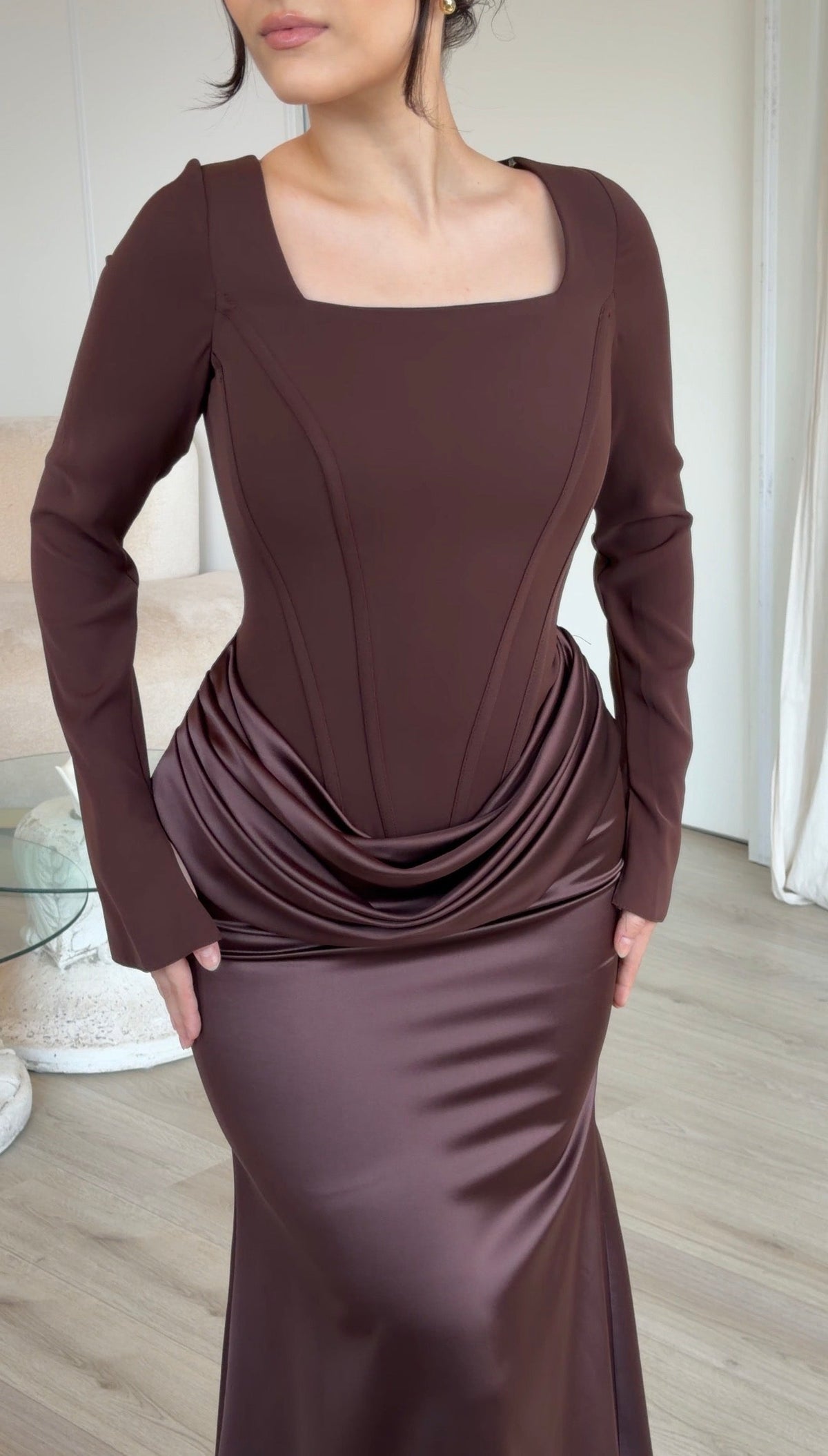Long Sleeve Corset Gown with Draped Satin Skirt