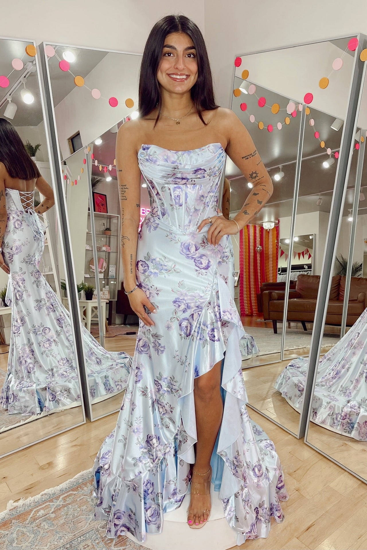 Strapless Floral Satin Corset Gown with Ruffles