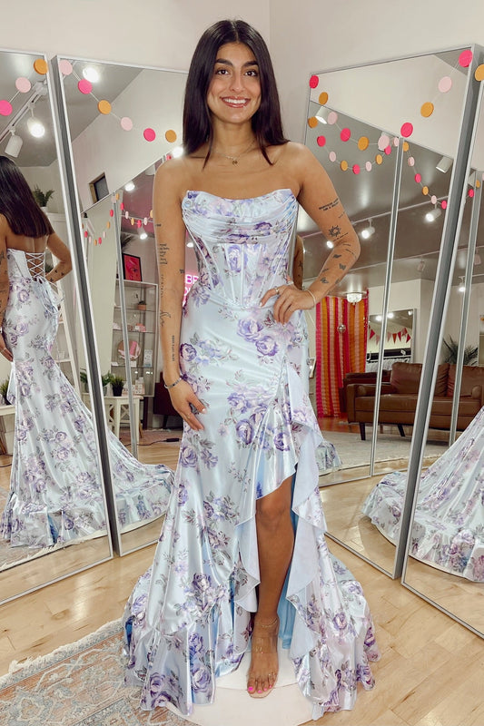 Strapless Floral Satin Corset Gown with Ruffles