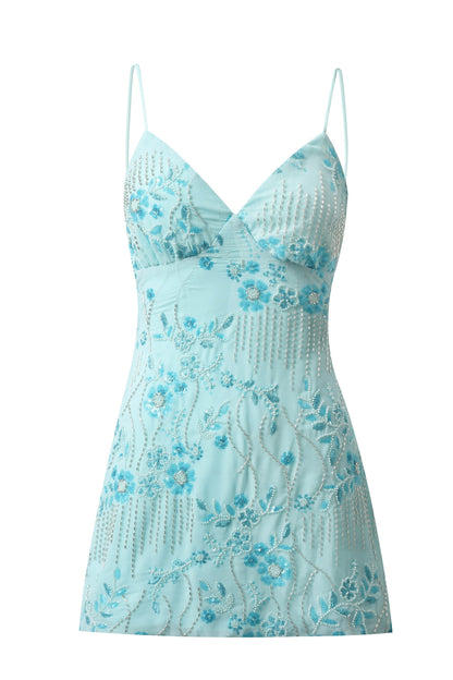Sequined Floral Beaded Mini Dress with Lace-Up Back