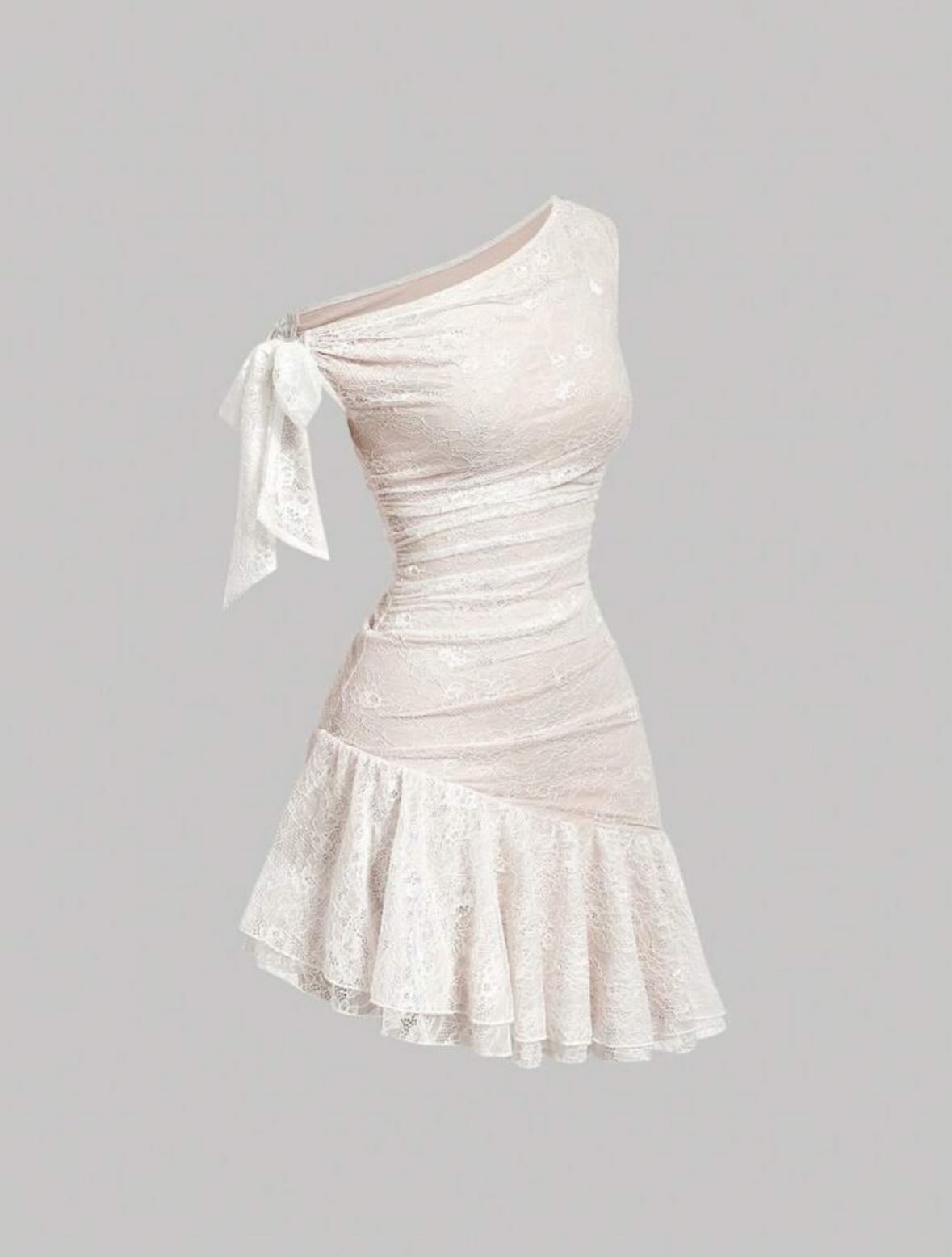 One-Shoulder Ruched Lace Mini Dress with Ruffles