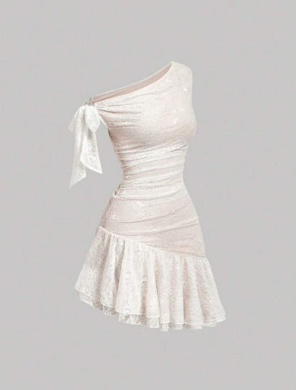 One-Shoulder Ruched Lace Mini Dress with Ruffles