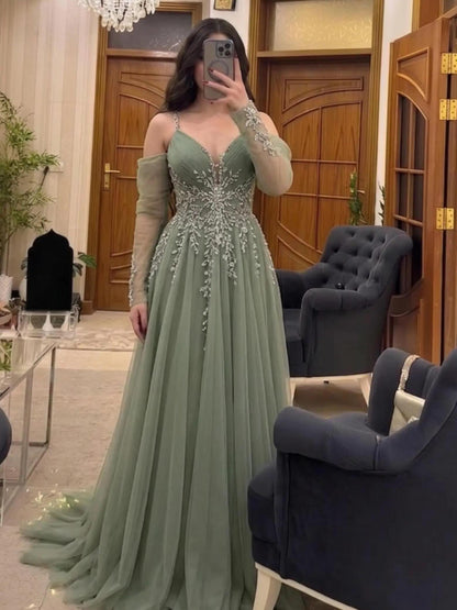 Beaded Tulle A-Line Evening Gown