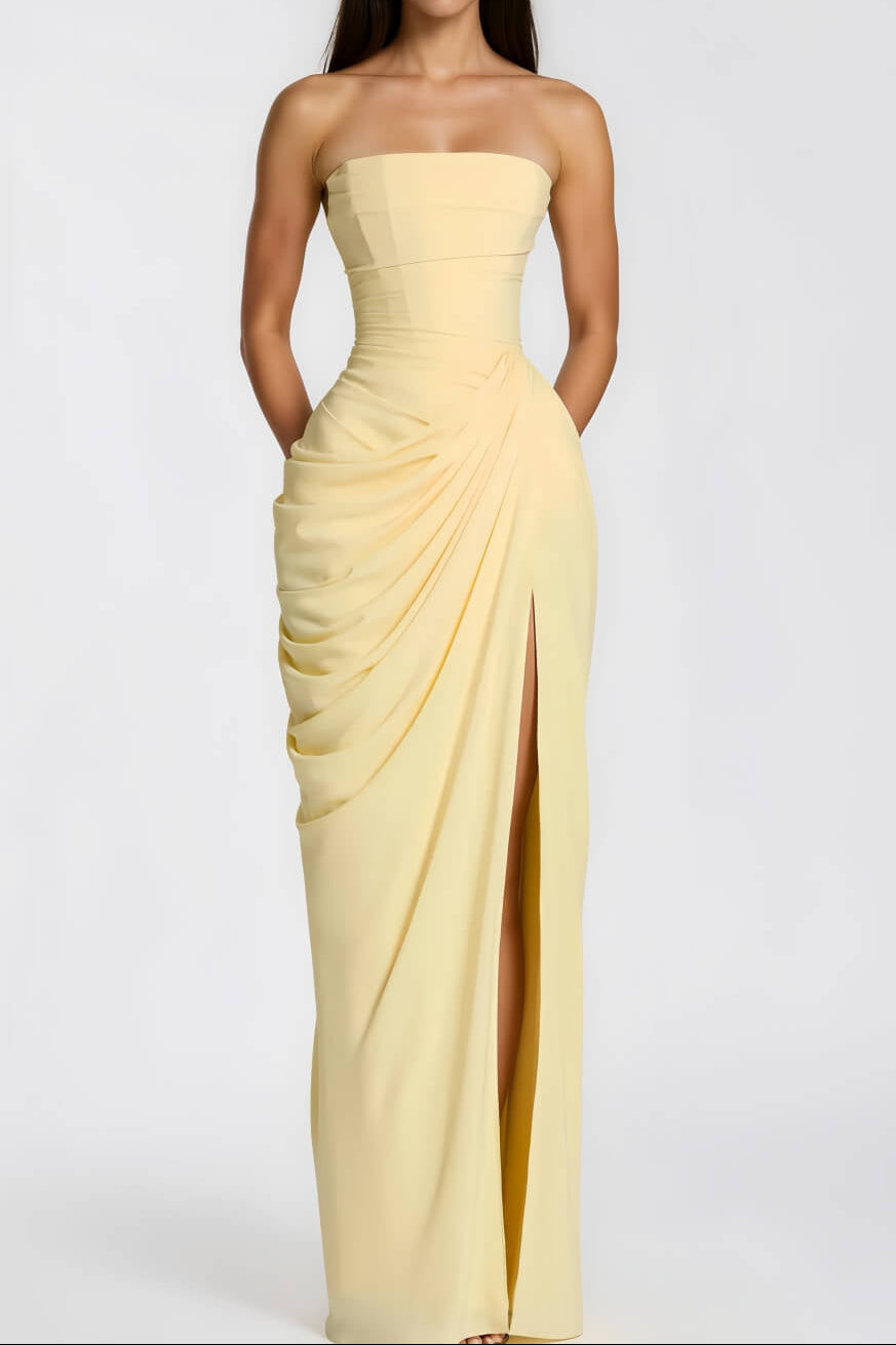 Strapless Draped Corset Gown with High Slit