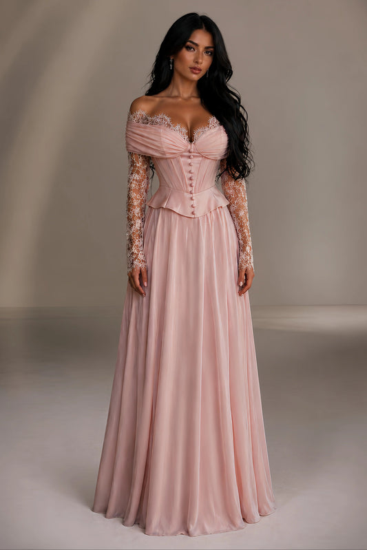 Off-Shoulder Lace Sleeve Corset A-Line Evening Gown