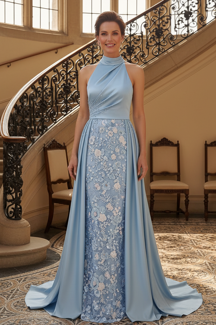 Halter A-Line Evening Gown with Embroidered Skirt