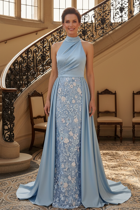 Halter A-Line Evening Gown with Embroidered Skirt