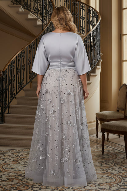 A-Line Satin and Tulle Evening Gown with 3D Flowers