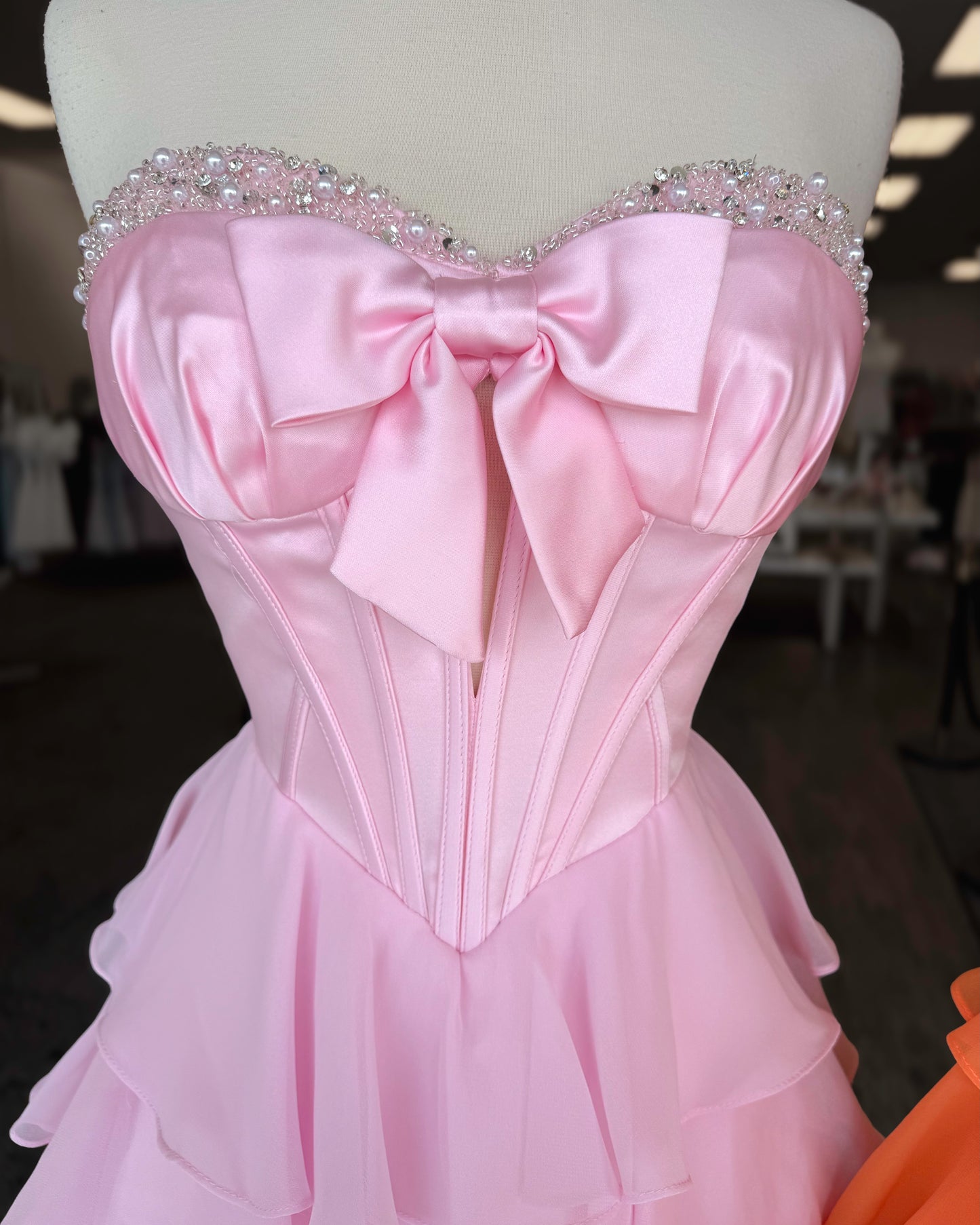 Strapless Bow Corset Tiered Ruffle Mini Dress