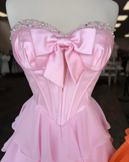 Strapless Bow Corset Tiered Ruffle Mini Dress