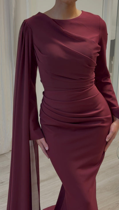 Ruched Mermaid Gown with Draped Cape Sleeve