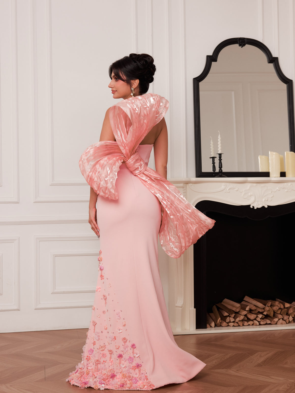 Strapless Floral Applique Gown with Statement Back