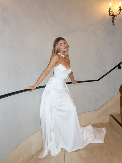 Strapless Satin Gown with Overskirt and Slit