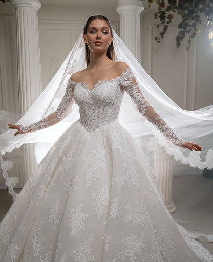 Off-Shoulder Lace Ball Gown Wedding Dress
