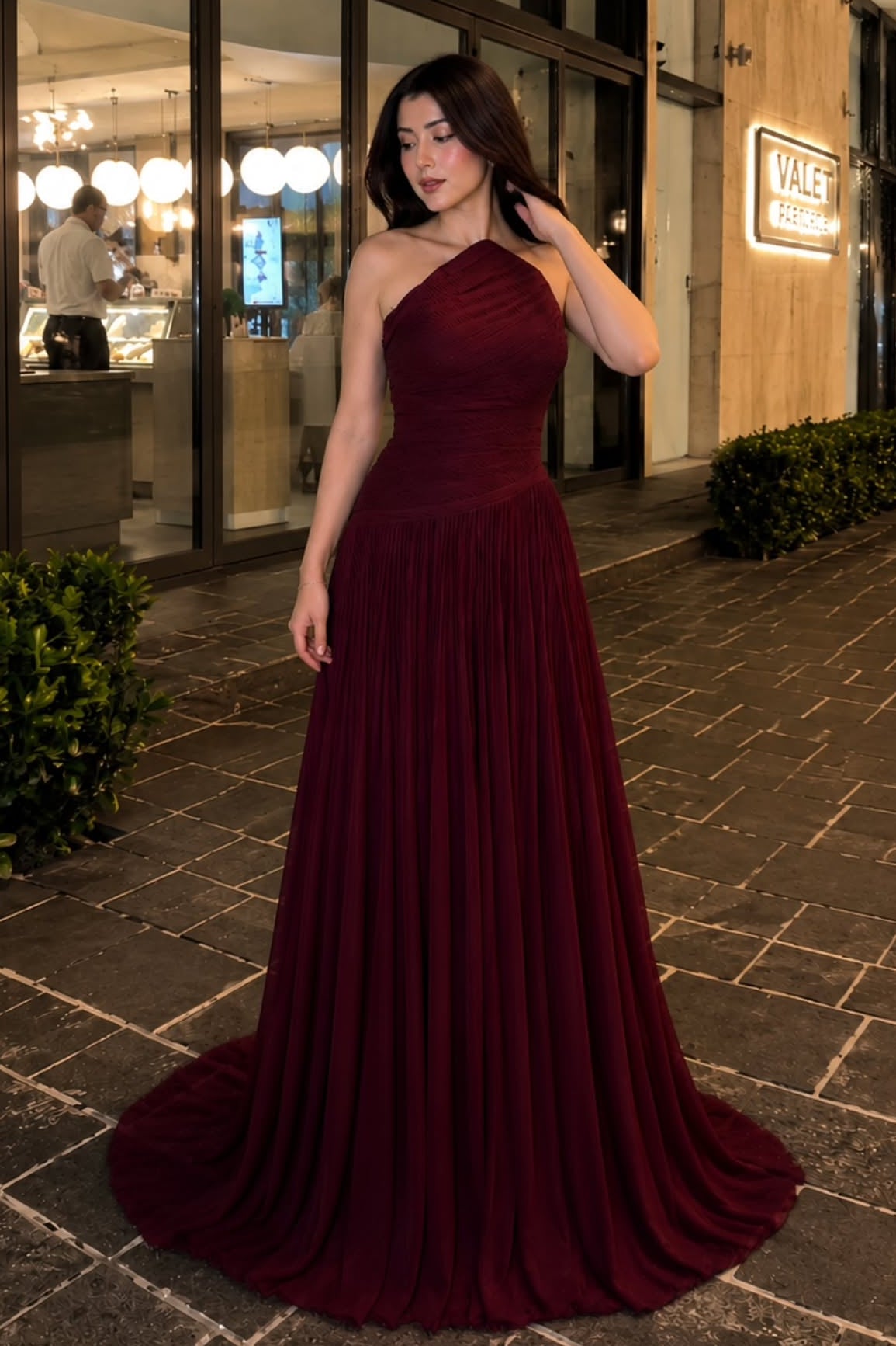 One-Shoulder Pleated Maxi Gown with Train