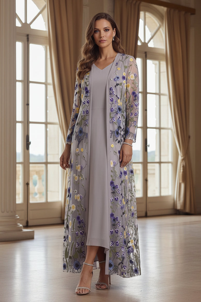 Floral Embroidered Sheer Duster & Sleeveless Midi Dress Set
