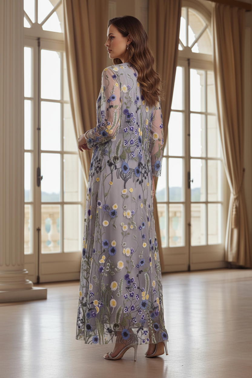 Floral Embroidered Sheer Duster & Sleeveless Midi Dress Set