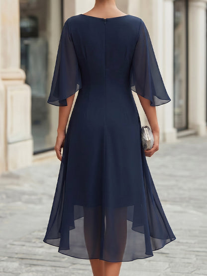 Cowl Neck High-Low Chiffon Midi Dress