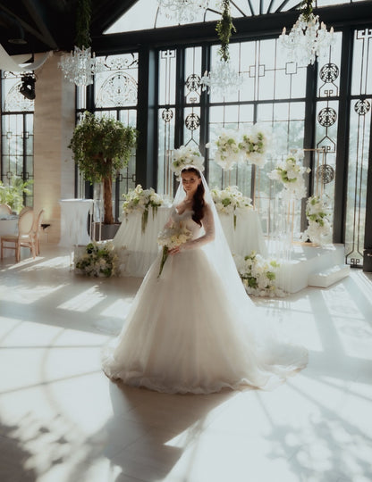Long-Sleeve Lace Wedding Ball Gown with Square Neckline